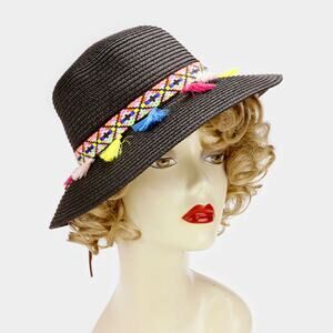Summer Sun Hat w/ Short Brim and Tassels - Black